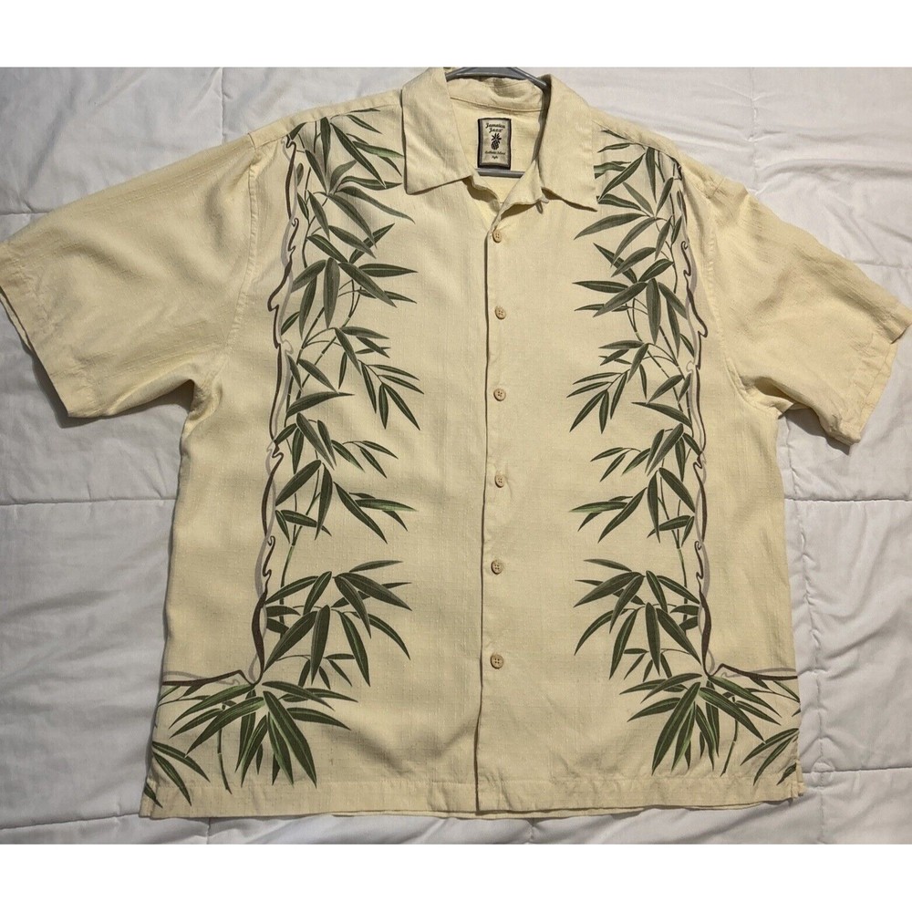 Jamaica Jaxx Mens Sz XL 100% Silk Yellow Hawaiian Island Button Up Casual Shirt